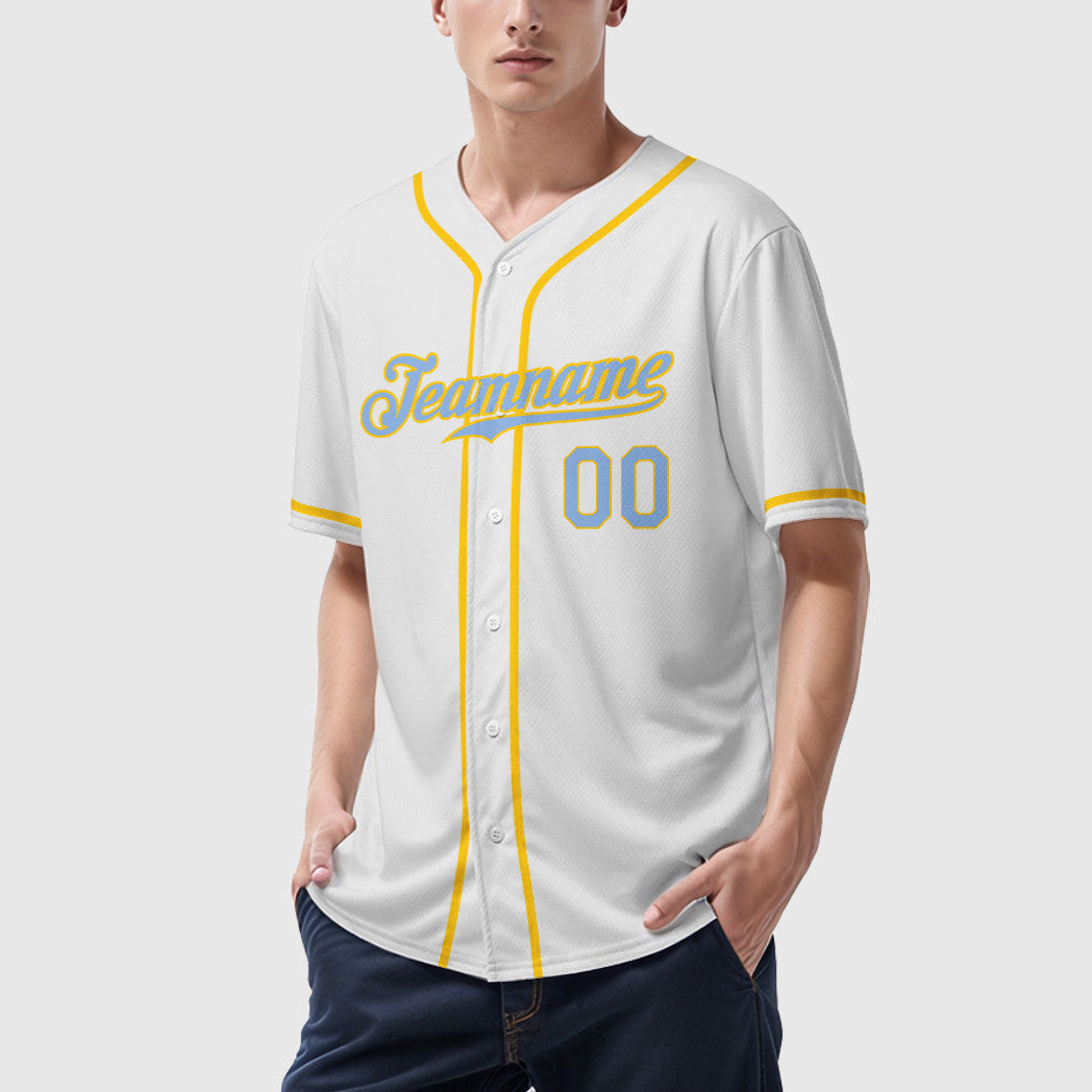 Custom White Light Blue Light Blue-Yellow Sleeve Baseball Jersey