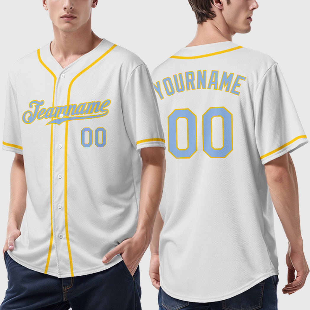 Custom White Light Blue Light Blue-Yellow Sleeve Baseball Jersey