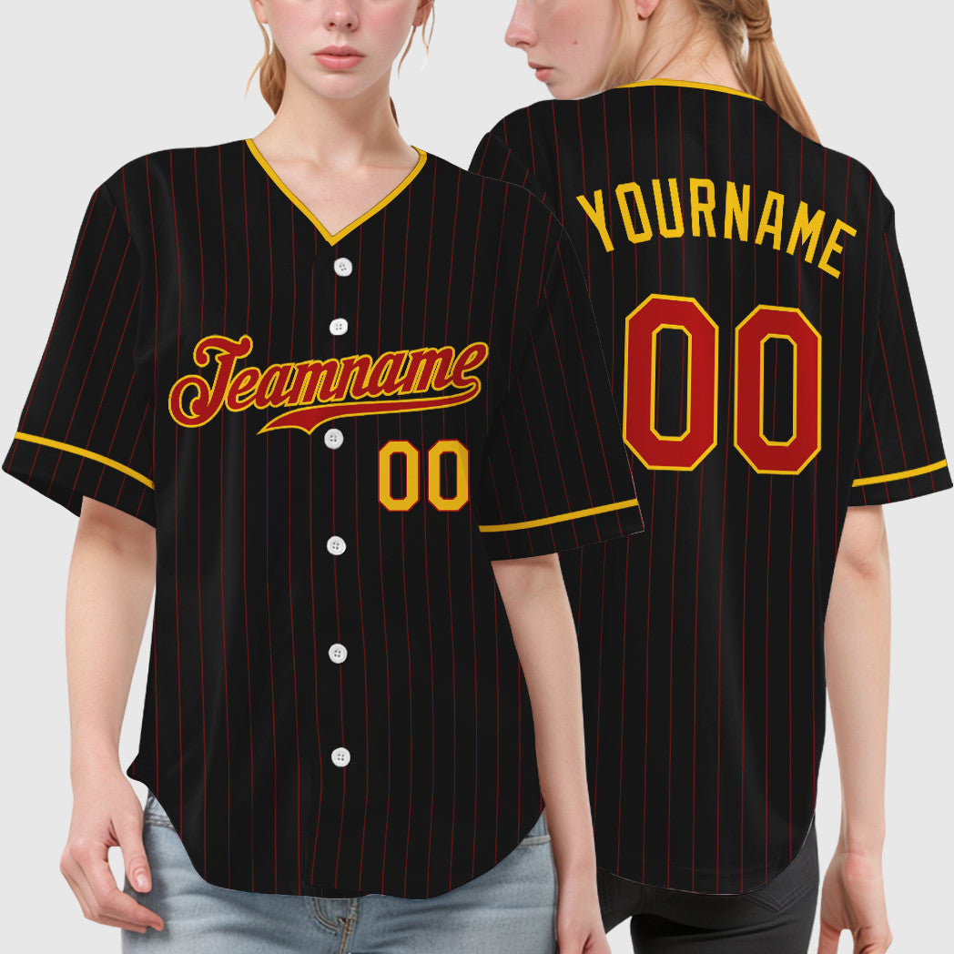 Custom Black Red Red-Yellow Pinstripe Baseball Jersey