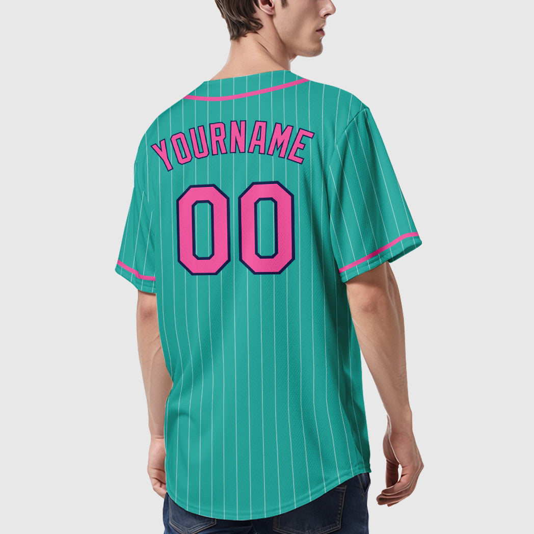 Custom Aqua White Pink-Navy Piping Pinstripe Baseball Jersey