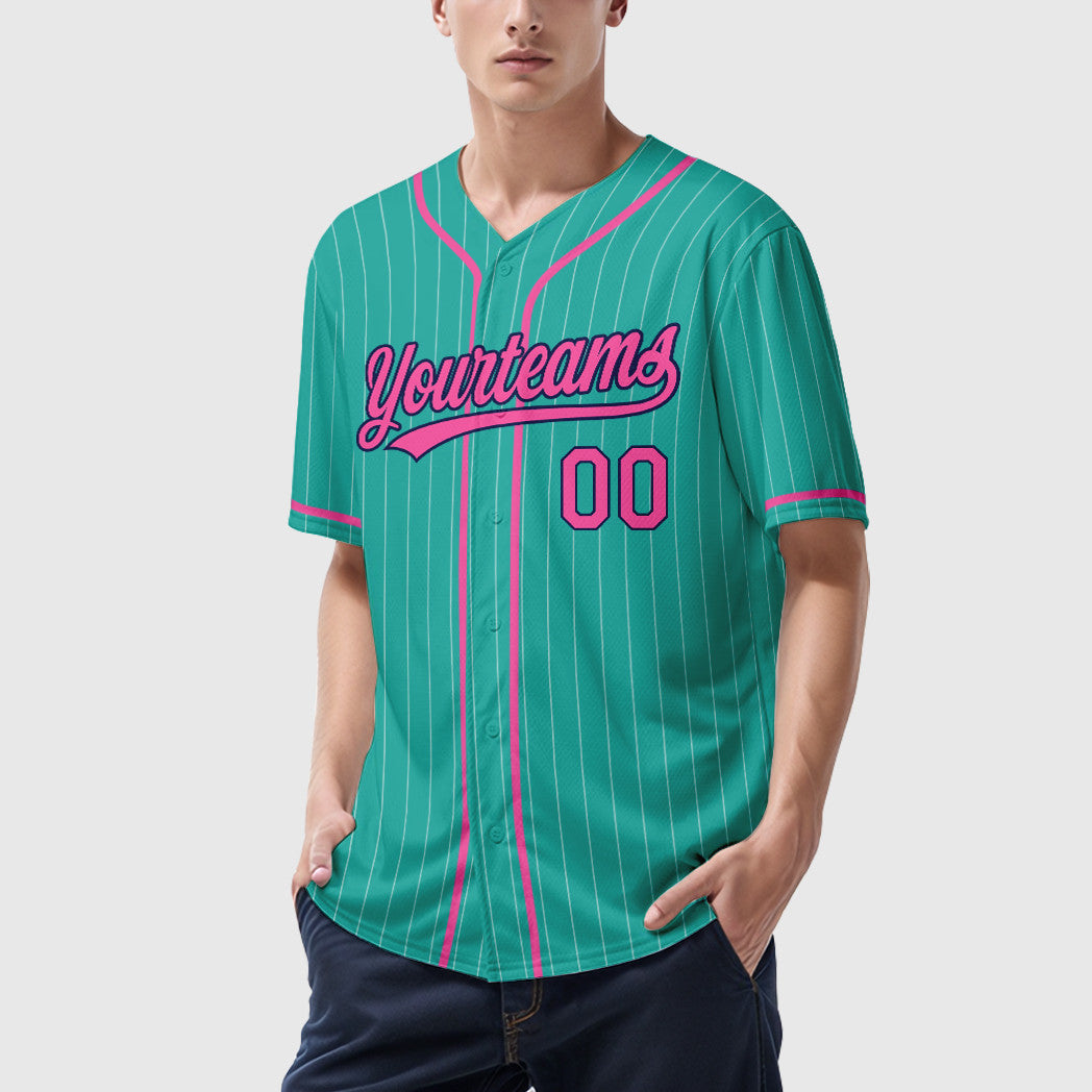 Custom Aqua White Pink-Navy Piping Pinstripe Baseball Jersey