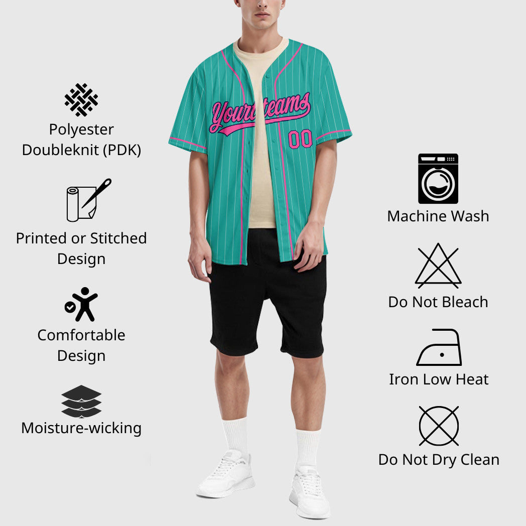 Custom Aqua White Pink-Navy Piping Pinstripe Baseball Jersey