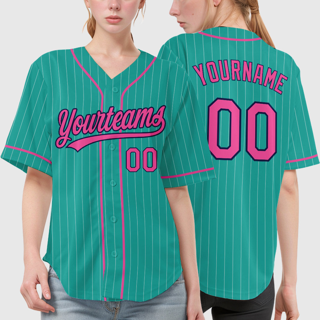 Custom Aqua White Pink-Navy Piping Pinstripe Baseball Jersey