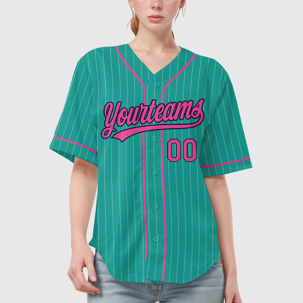 Custom Aqua White Pink-Navy Piping Pinstripe Baseball Jersey