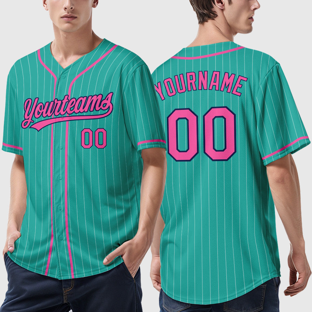 Custom Aqua White Pink-Navy Piping Pinstripe Baseball Jersey