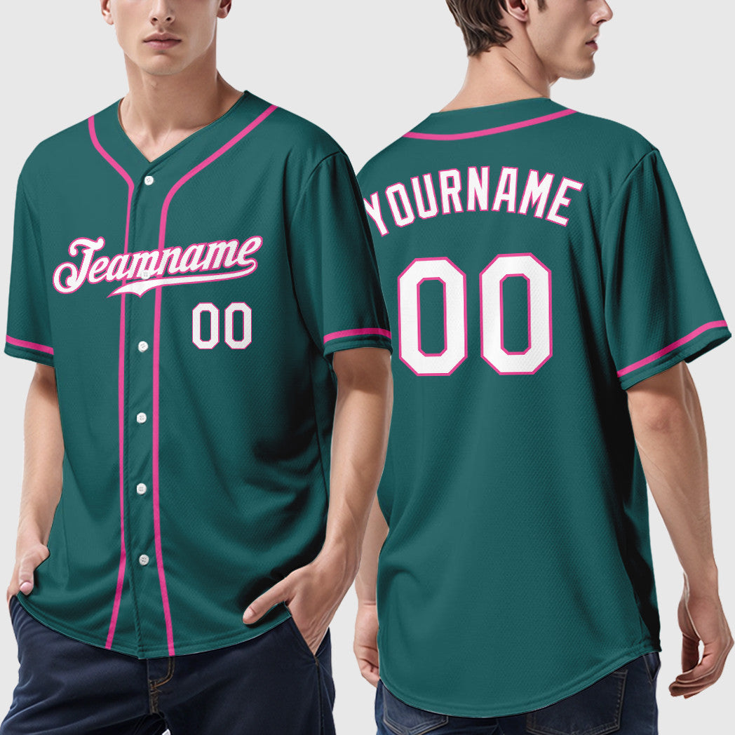 Custom Teal White Pink Sleeve Baseball Jersey