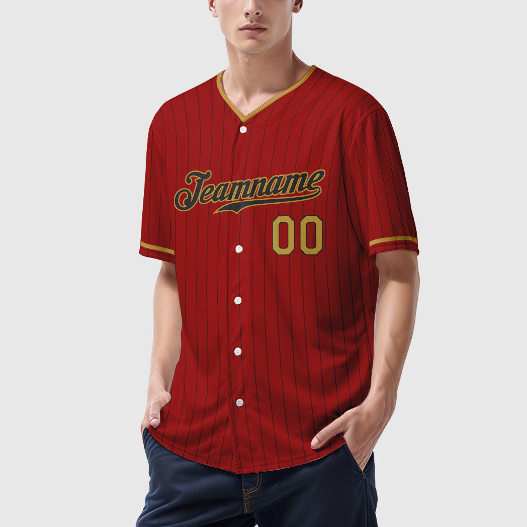 Custom Red Black Old Gold Pinstripe Baseball Jersey