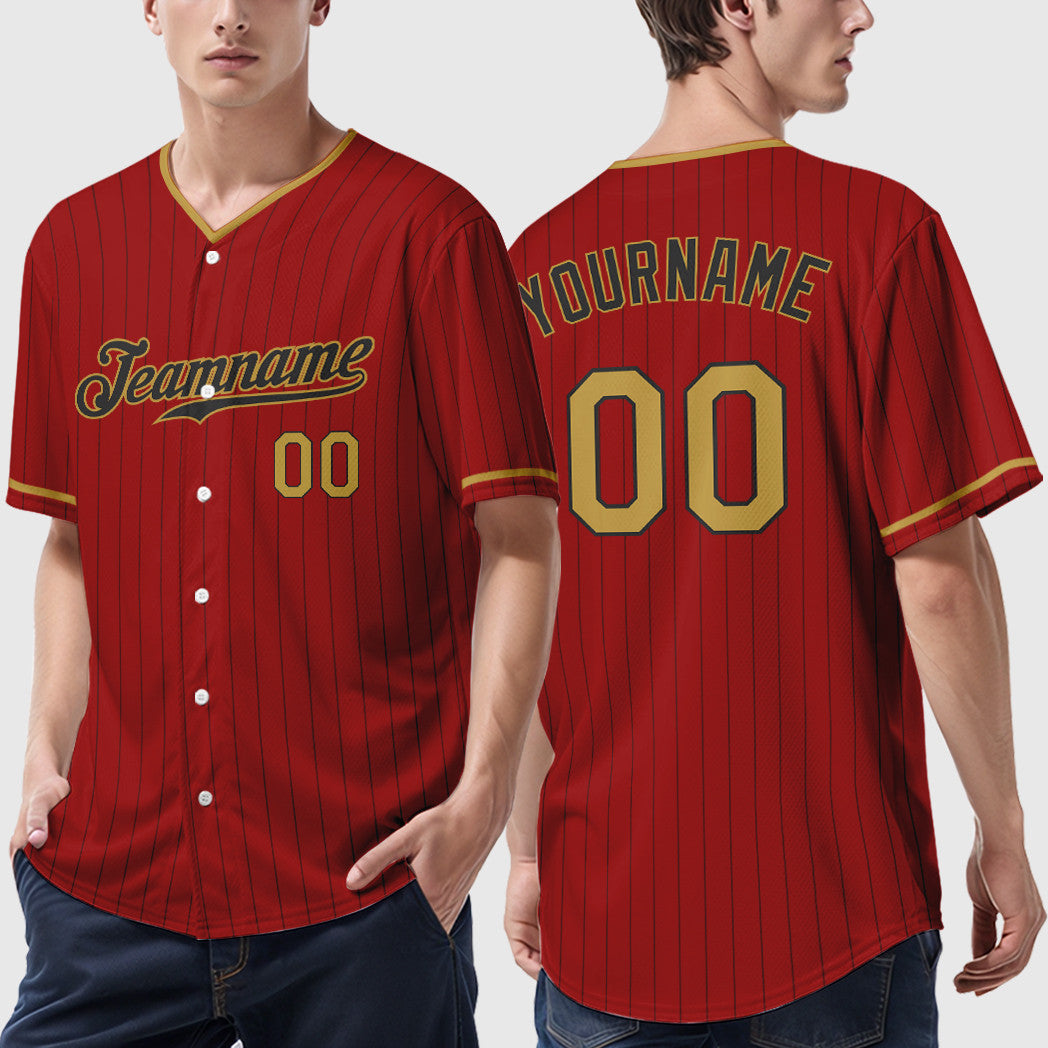 Custom Red Black Old Gold Pinstripe Baseball Jersey