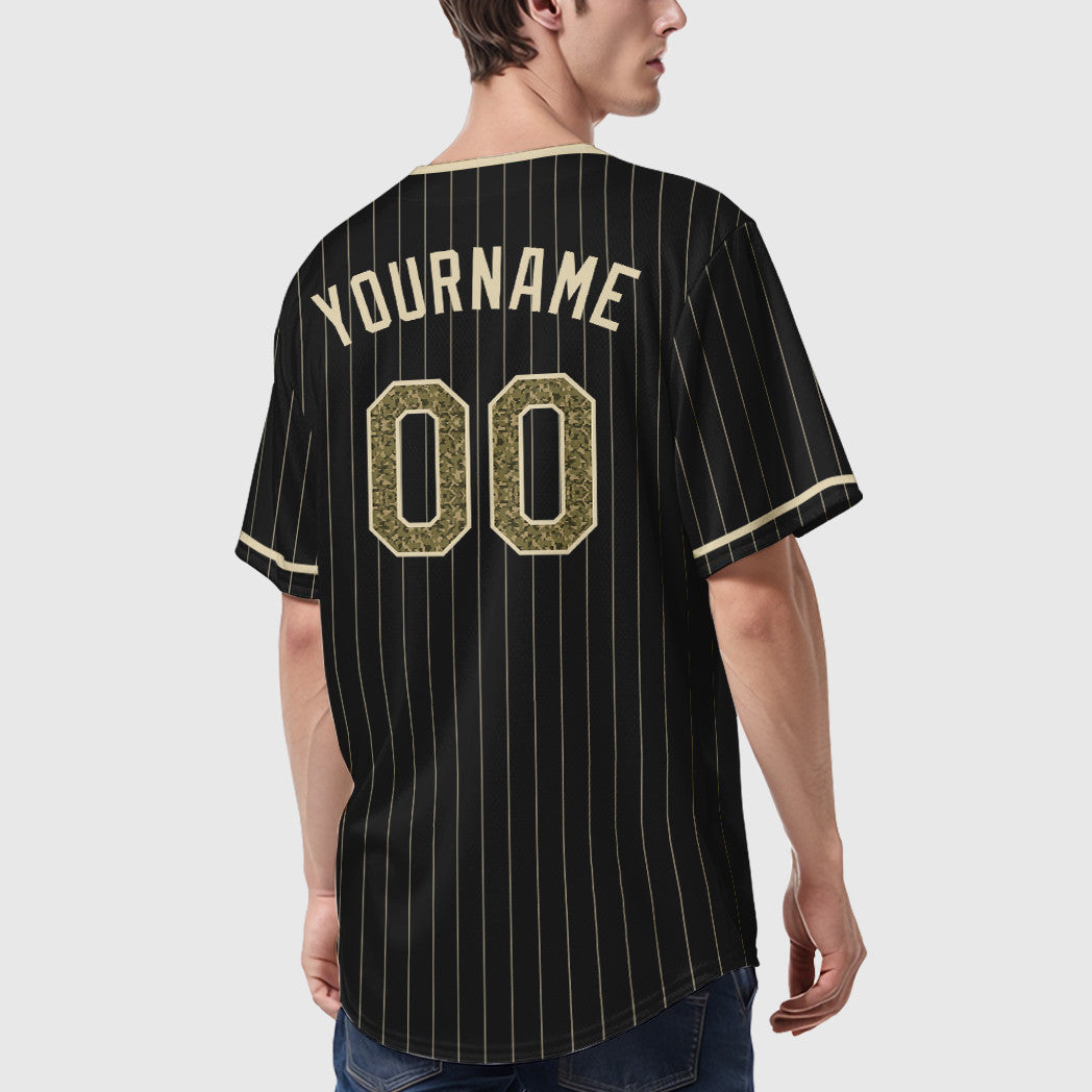 Custom Black Cream Camo-Cream Pinstripe Baseball Jersey