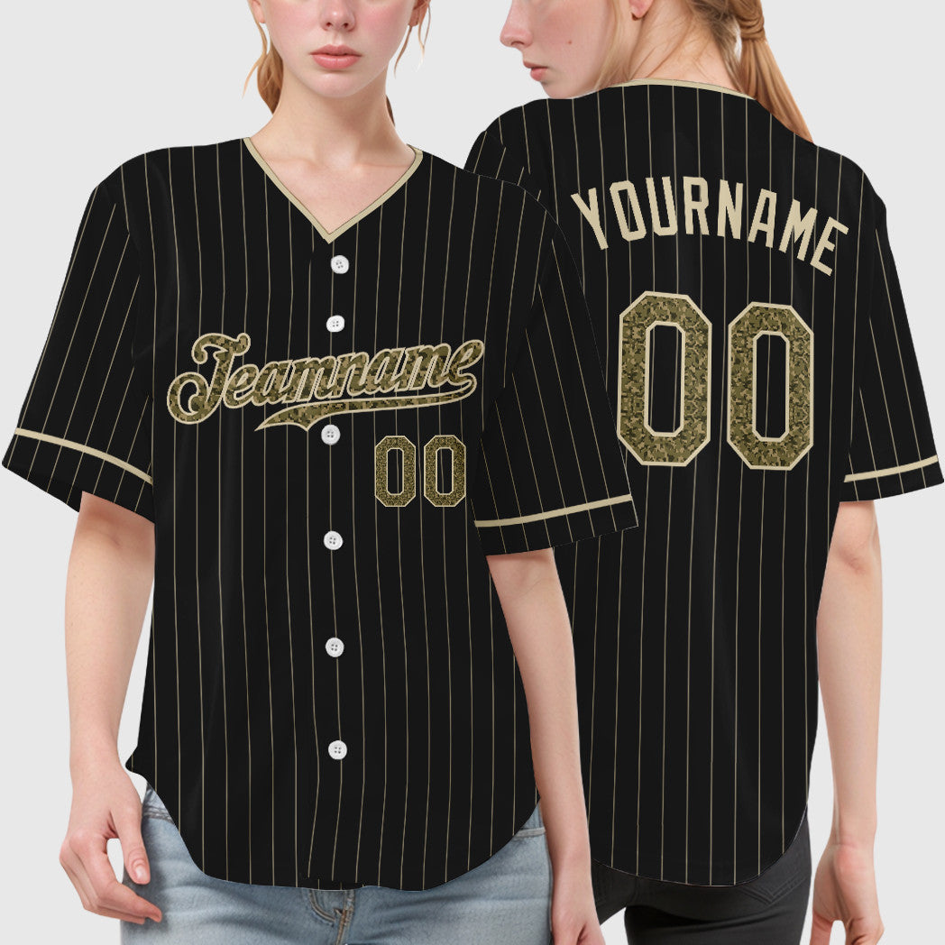 Custom Black Cream Camo-Cream Pinstripe Baseball Jersey