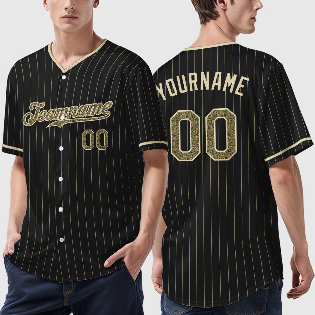 Custom Black Cream Camo-Cream Pinstripe Baseball Jersey
