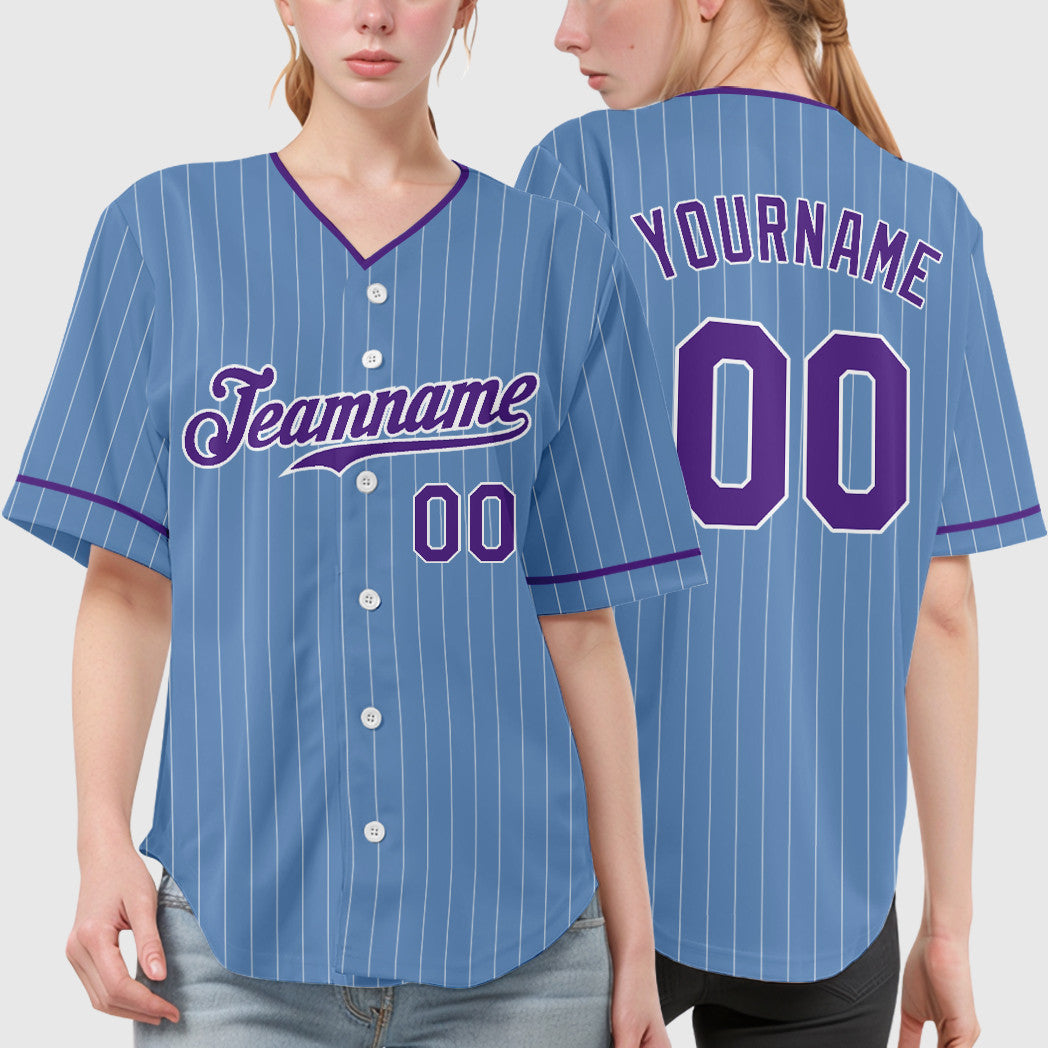 Custom Powder Blue White Purple Pinstripe Baseball Jersey