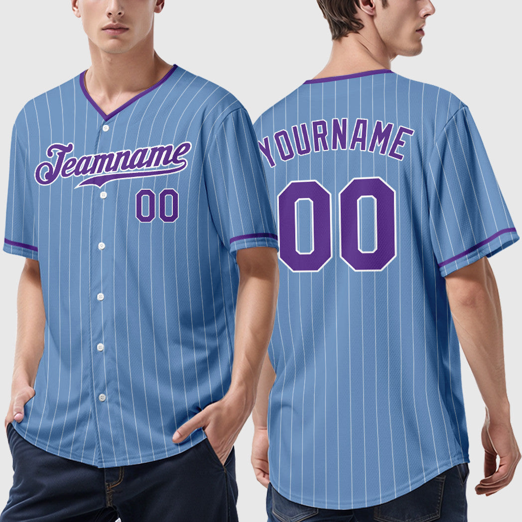 Custom Powder Blue White Purple Pinstripe Baseball Jersey