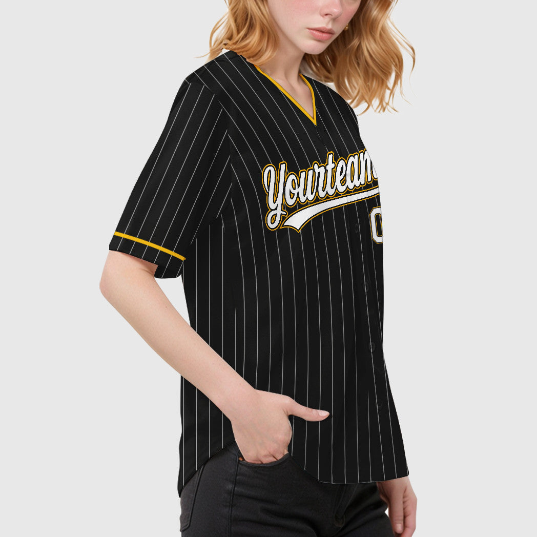 Custom Black White White-Gold Pinstripe Baseball Jersey