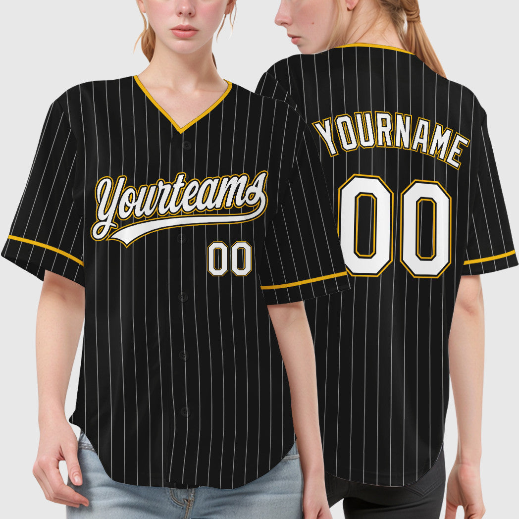 Custom Black White White-Gold Pinstripe Baseball Jersey