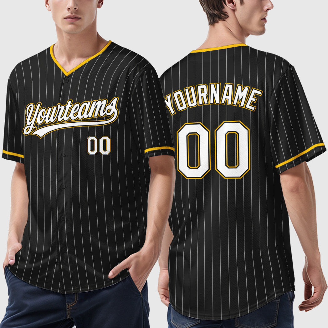 Custom Black White White-Gold Pinstripe Baseball Jersey