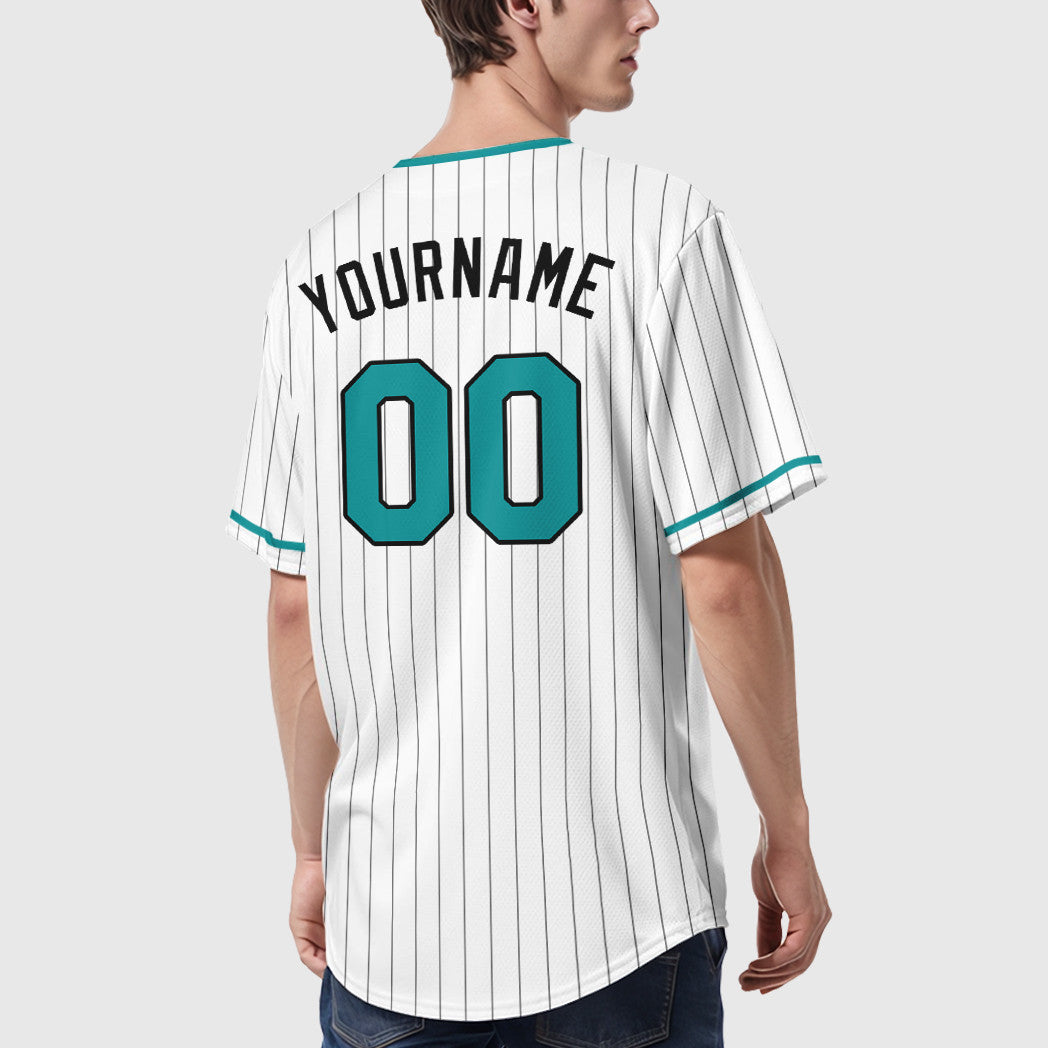 Custom White Black Teal Pinstripe Baseball Jersey