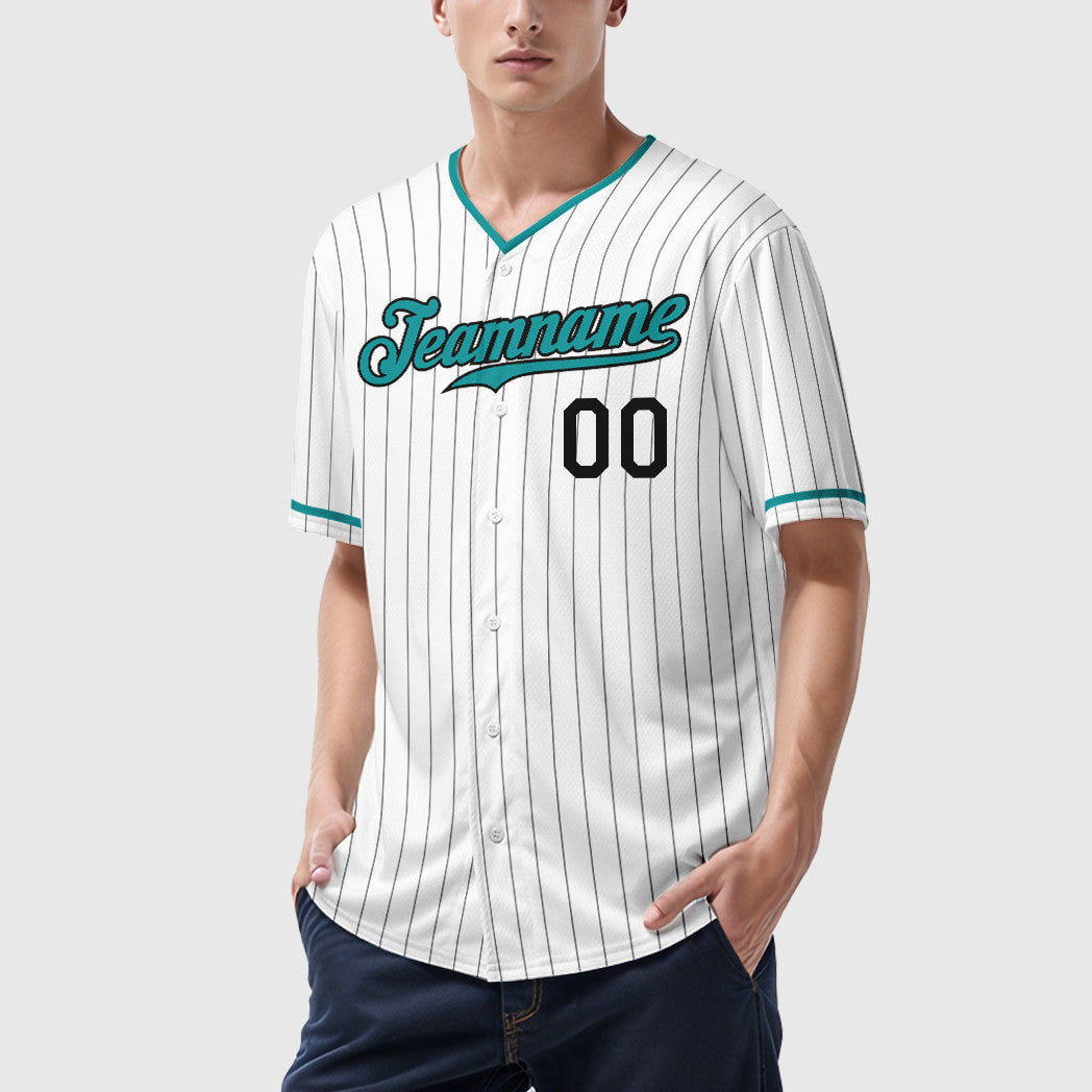 Custom White Black Teal Pinstripe Baseball Jersey