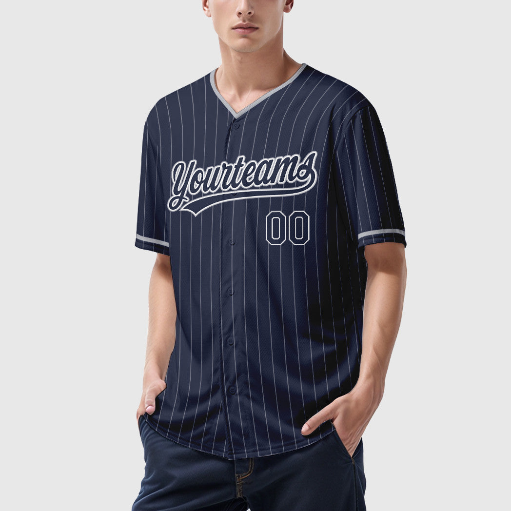 Custom Navy White Gray Pinstripe Baseball Jersey
