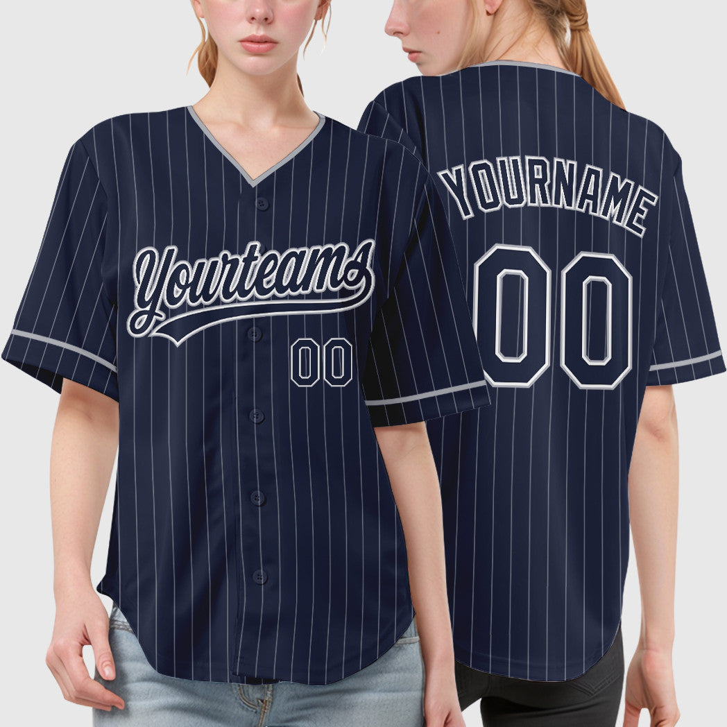 Custom Navy White Gray Pinstripe Baseball Jersey