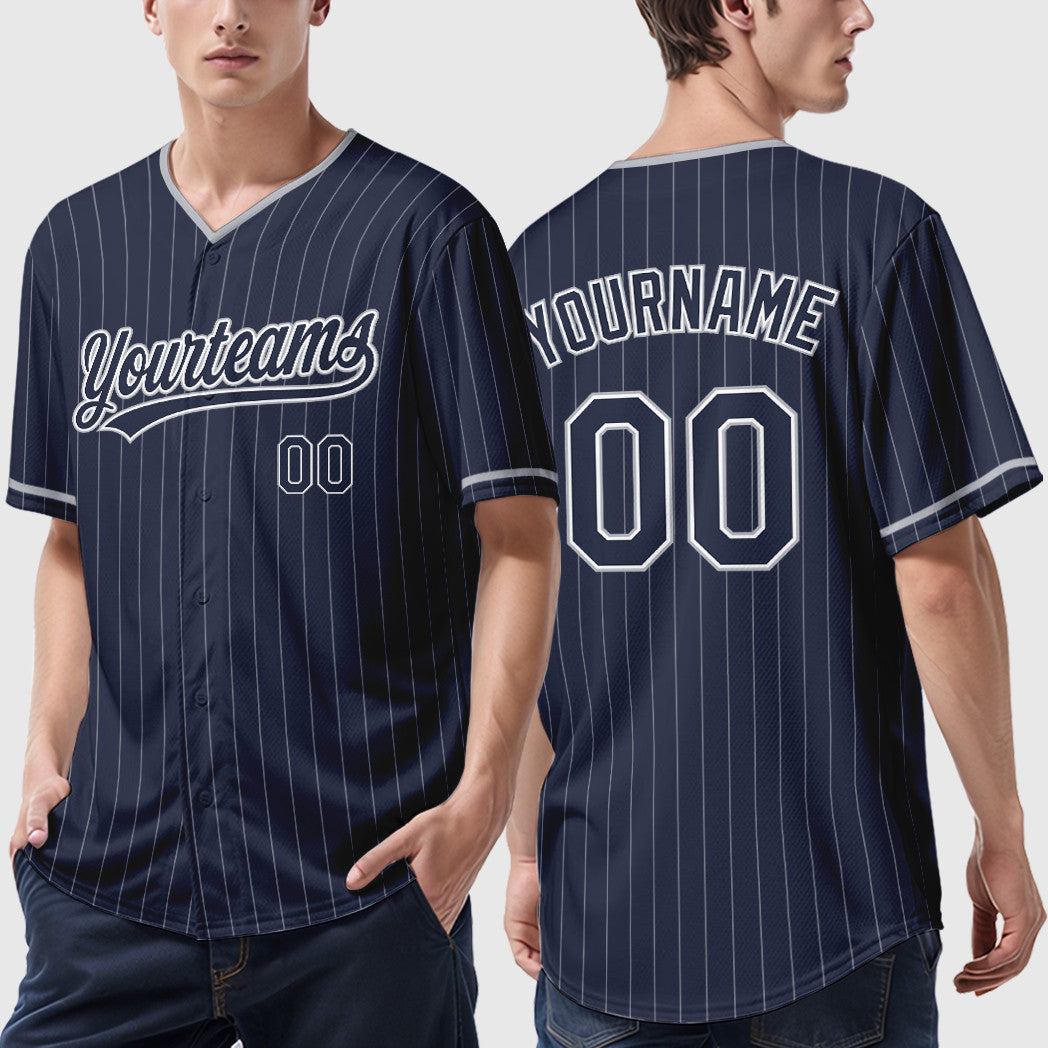 Custom Navy White Gray Pinstripe Baseball Jersey
