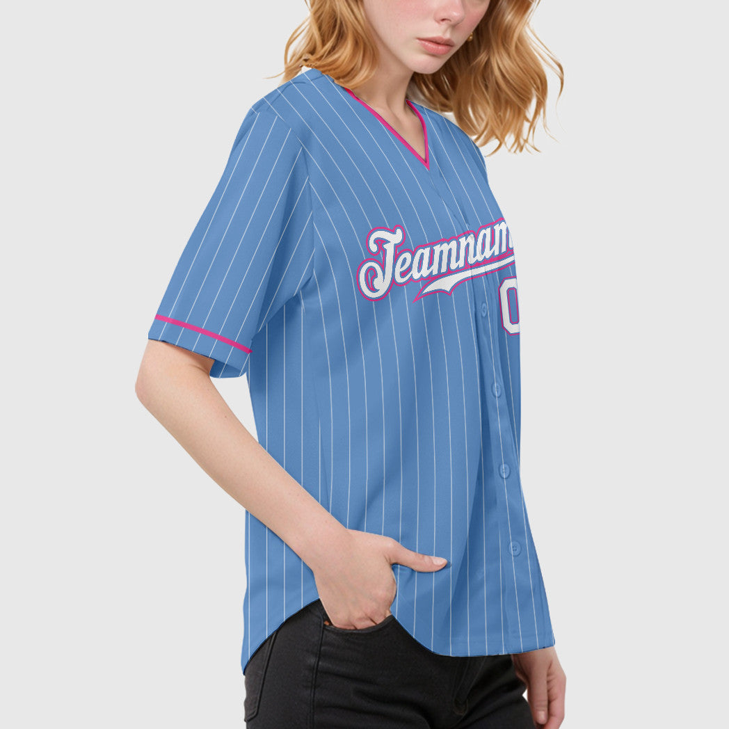 Custom Light Blue White Pink Pinstripe Baseball Jersey