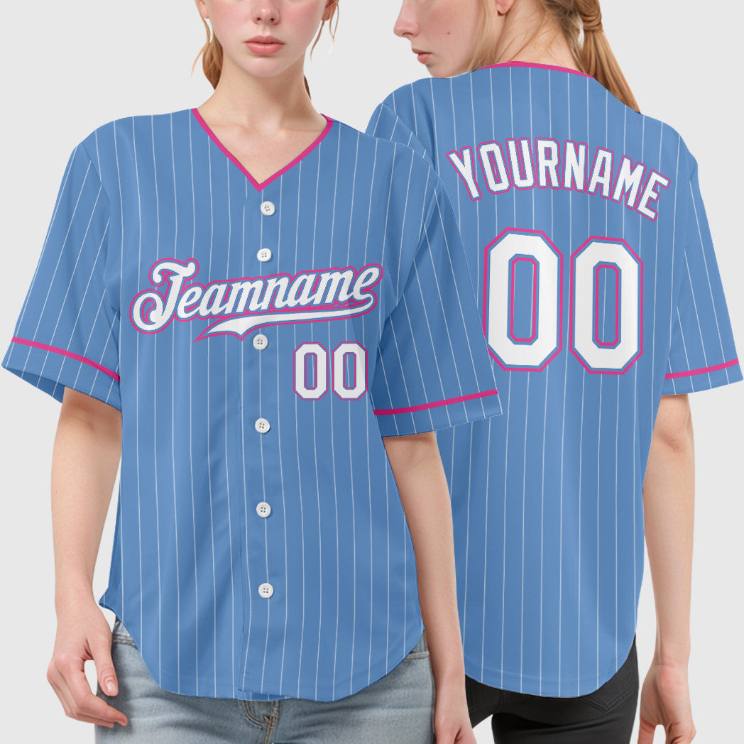 Custom Light Blue White Pink Pinstripe Baseball Jersey