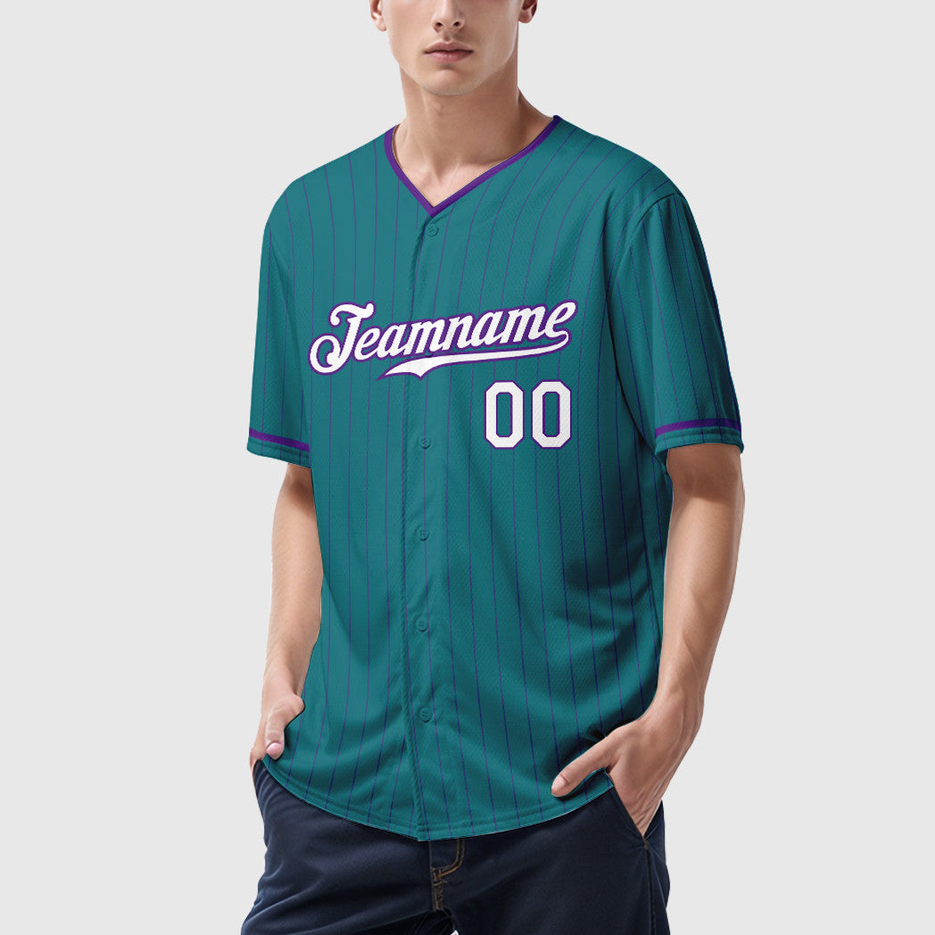 Custom Teal Purple White-Purple Pinstripe Baseball Jersey