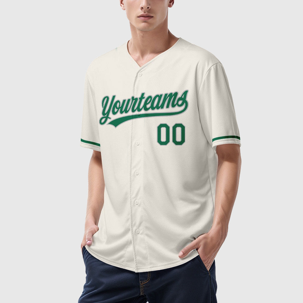 Custom Cream Gray Kelly Green Baseball Jersey