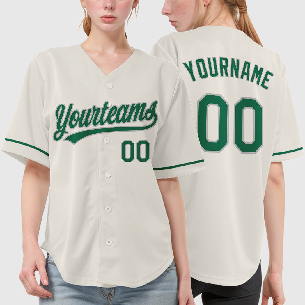 Custom Cream Gray Kelly Green Baseball Jersey