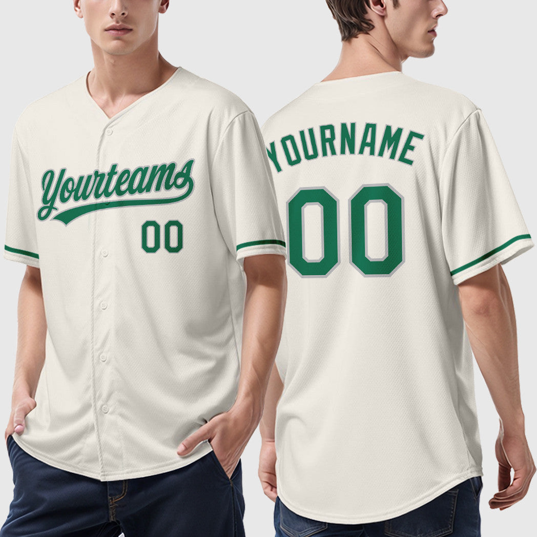 Custom Cream Gray Kelly Green Baseball Jersey