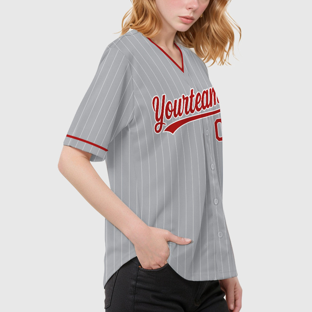 Custom Gray White Red Pinstripe Baseball Jersey