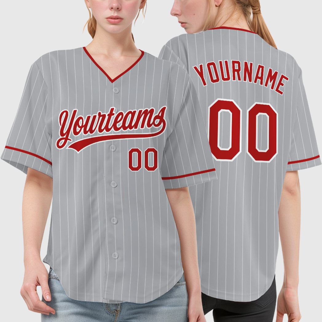 Custom Gray White Red Pinstripe Baseball Jersey