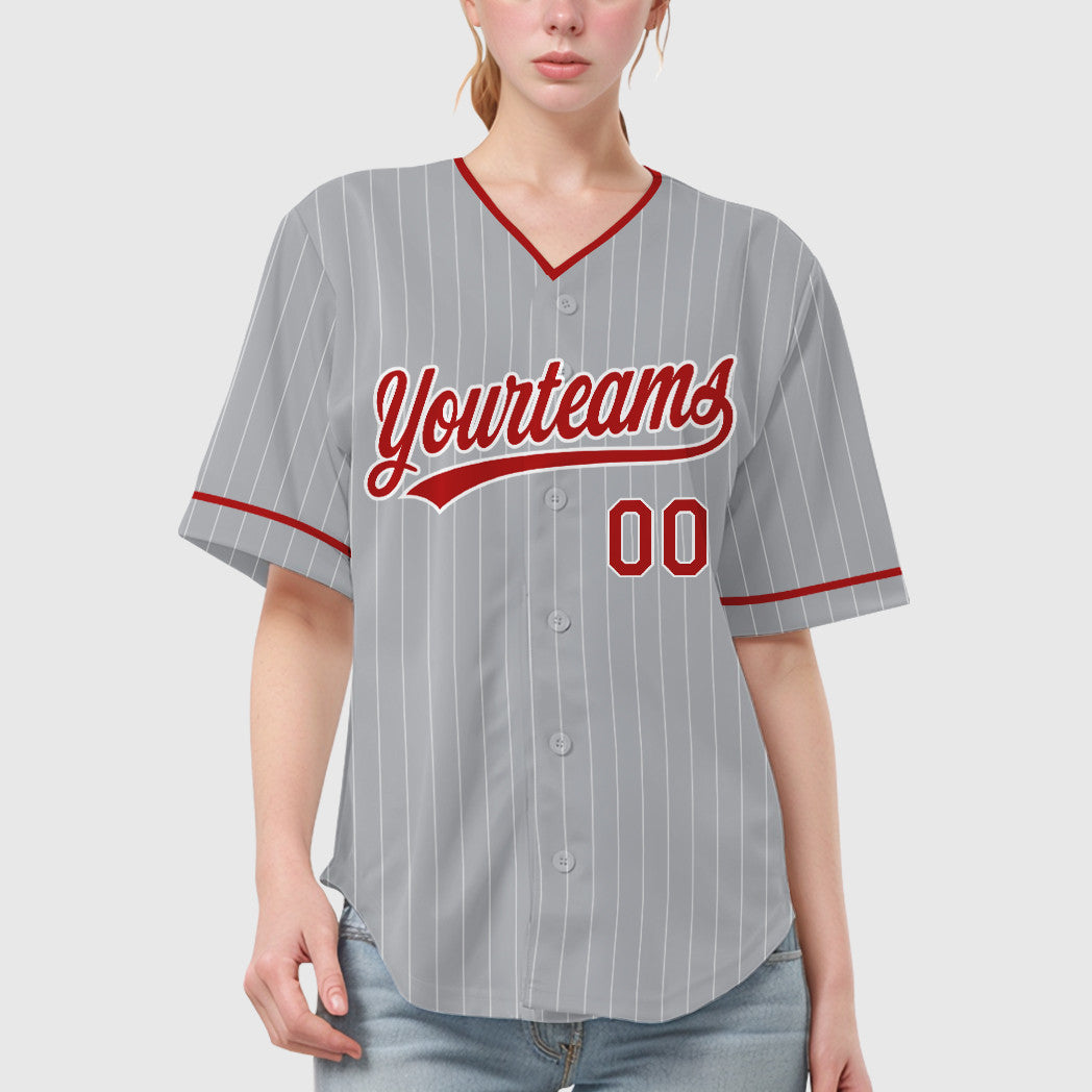Custom Gray White Red Pinstripe Baseball Jersey