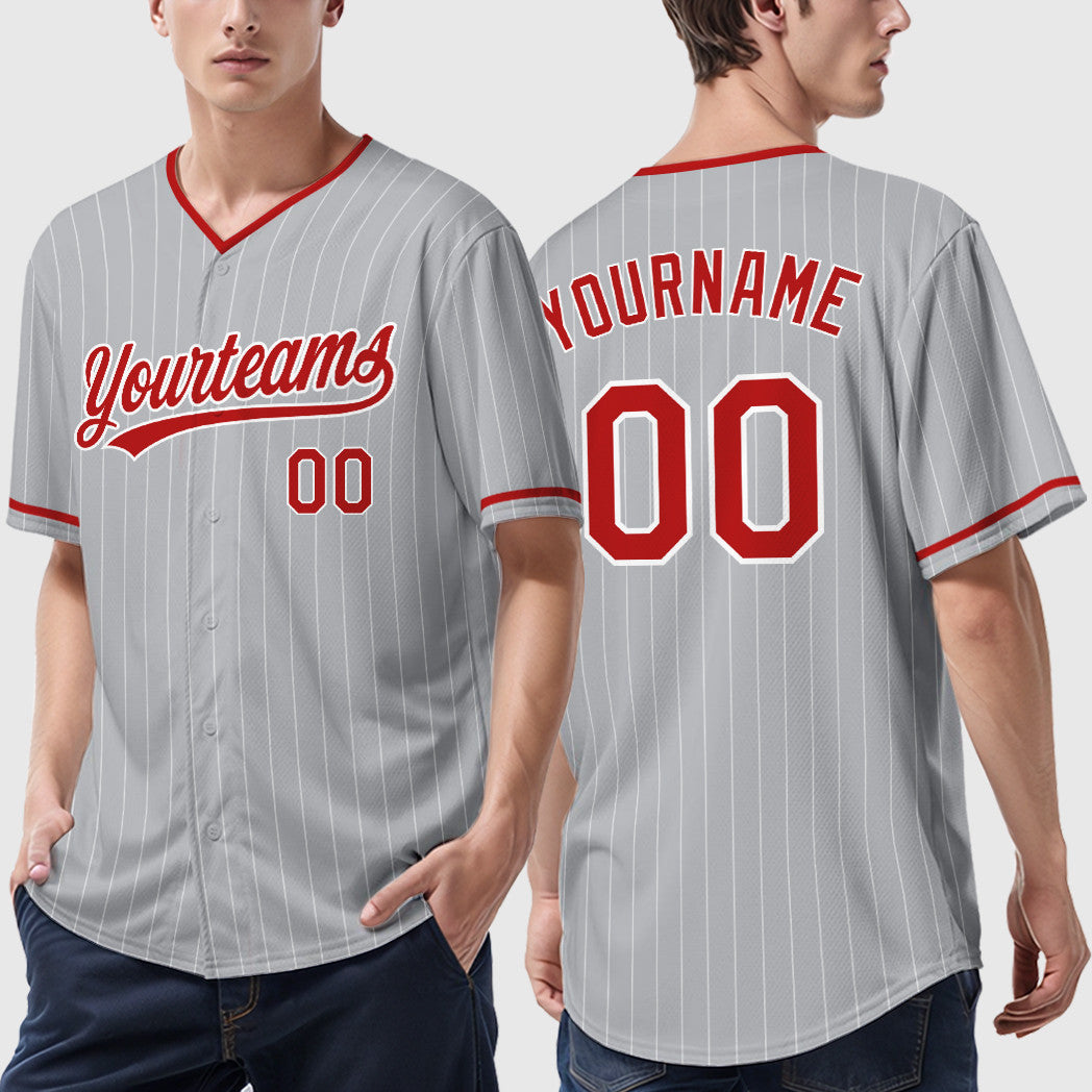 Custom Gray White Red Pinstripe Baseball Jersey