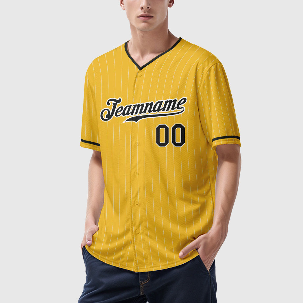 Custom Yellow Black Black-White Pinstripe Baseball Jersey