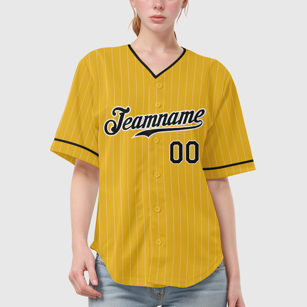 Custom Yellow Black Black-White Pinstripe Baseball Jersey