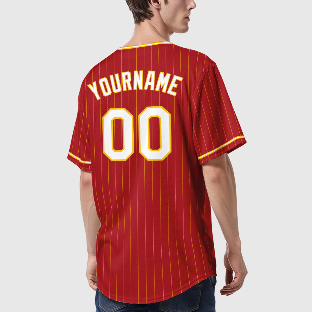 Custom Red Gold White-Gold Pinstripe Baseball Jersey