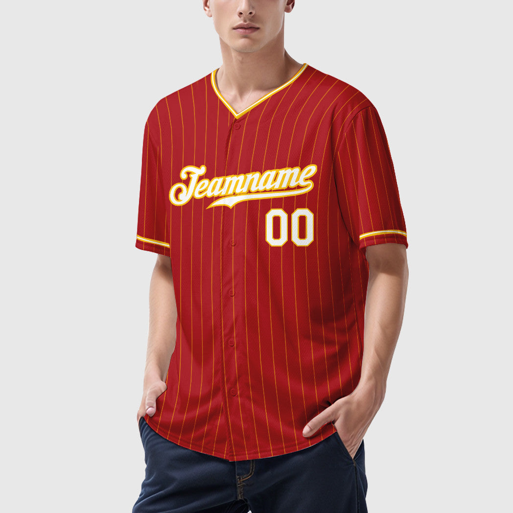 Custom Red Gold White-Gold Pinstripe Baseball Jersey