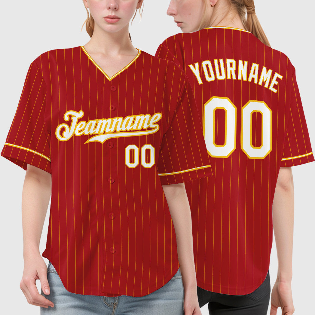 Custom Red Gold White-Gold Pinstripe Baseball Jersey