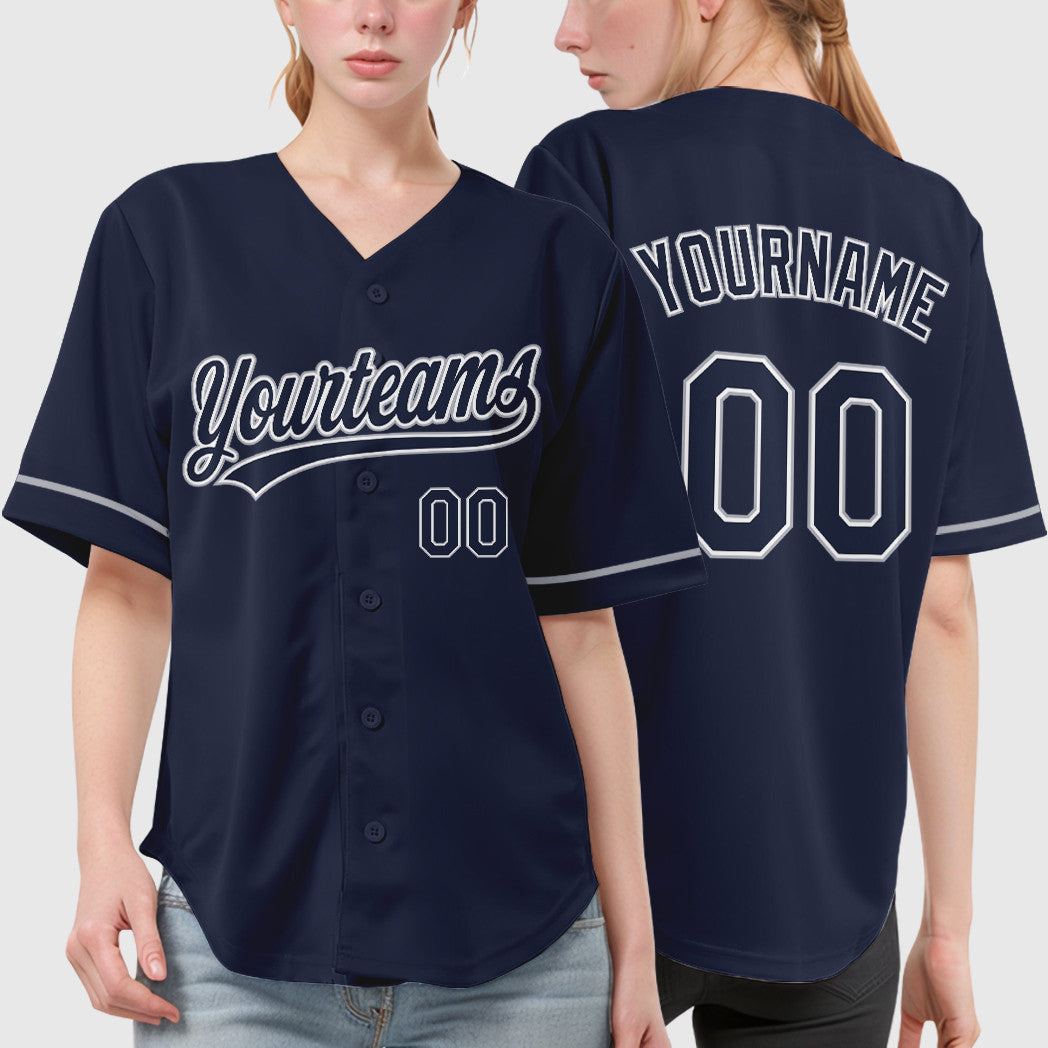 Custom Navy White Gray Baseball Jersey