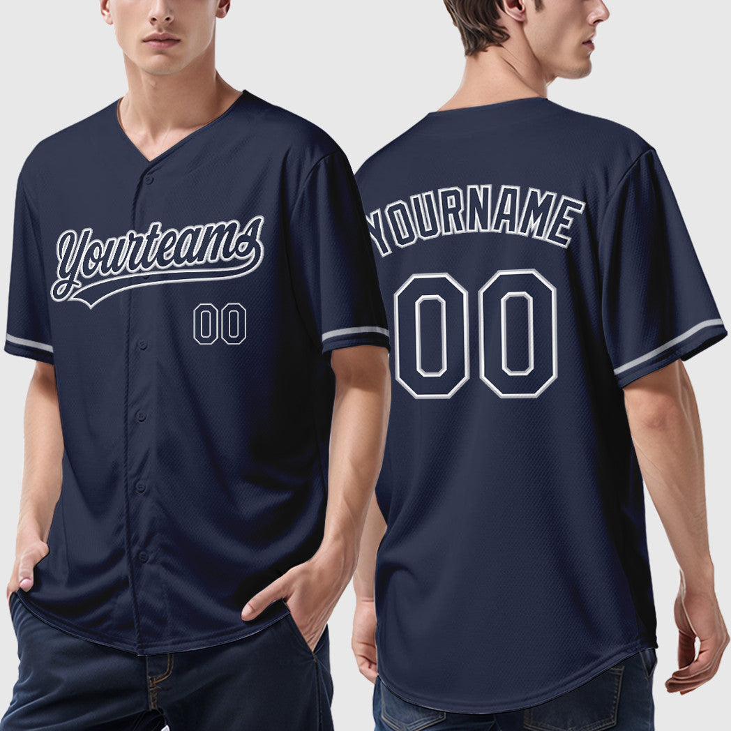 Custom Navy White Gray Baseball Jersey