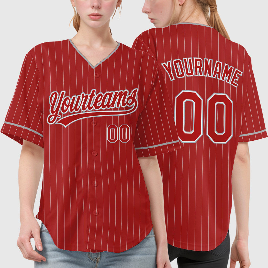 Custom Red White Gray Pinstripe Baseball Jersey