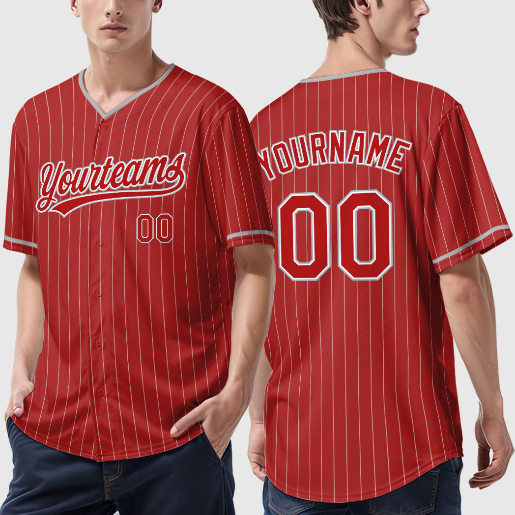 Custom Red White Gray Pinstripe Baseball Jersey