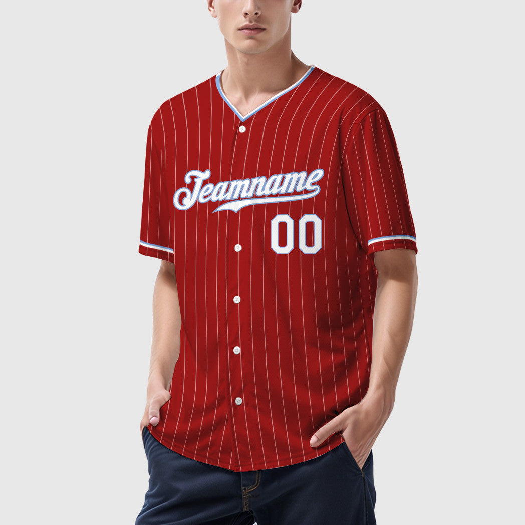 Custom Red White White-Light Blue Pinstripe Baseball Jersey