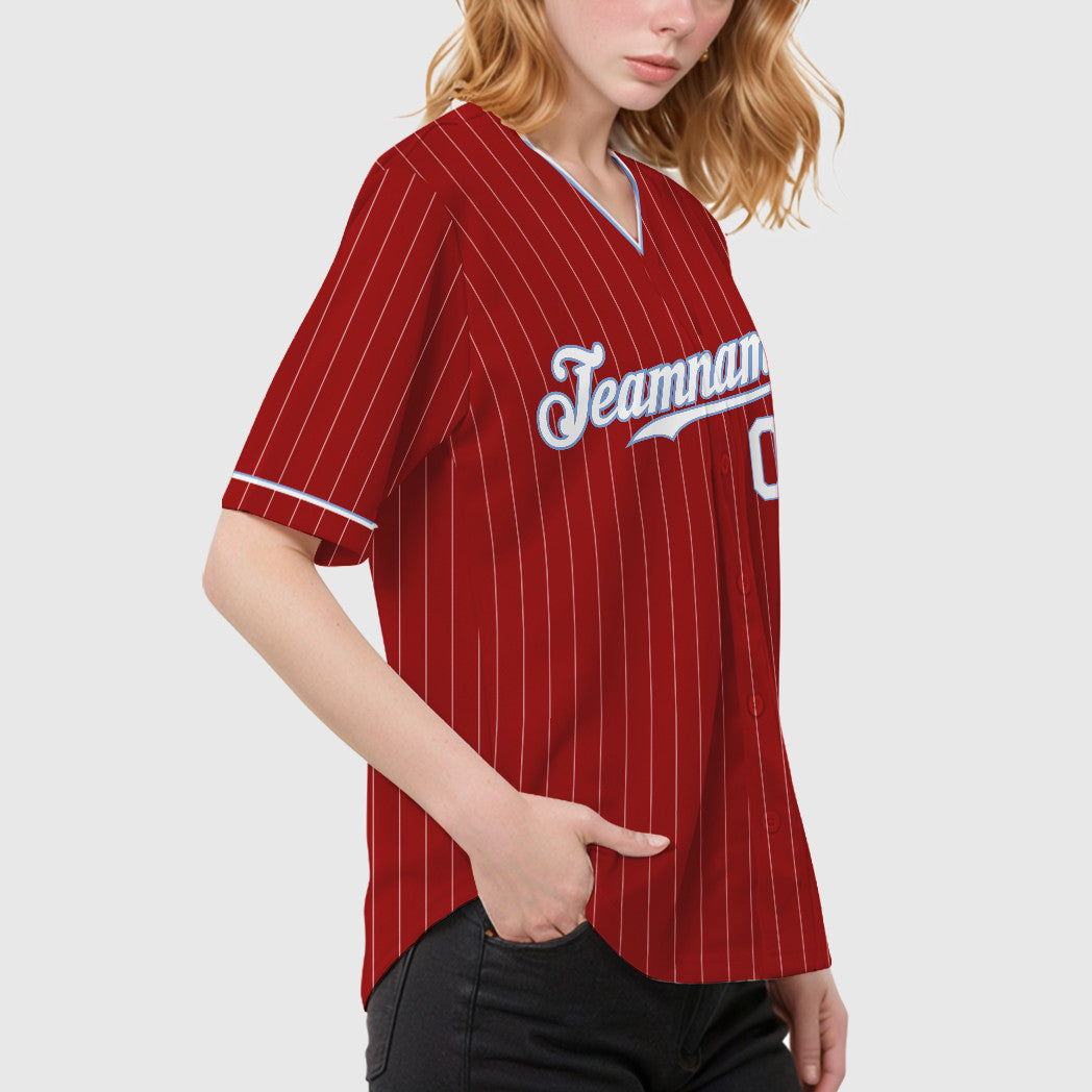 Custom Red White White-Light Blue Pinstripe Baseball Jersey
