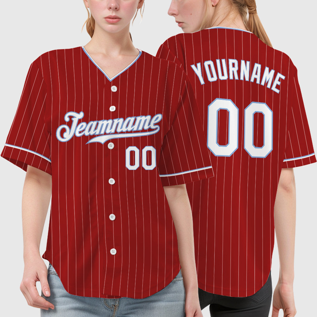 Custom Red White White-Light Blue Pinstripe Baseball Jersey