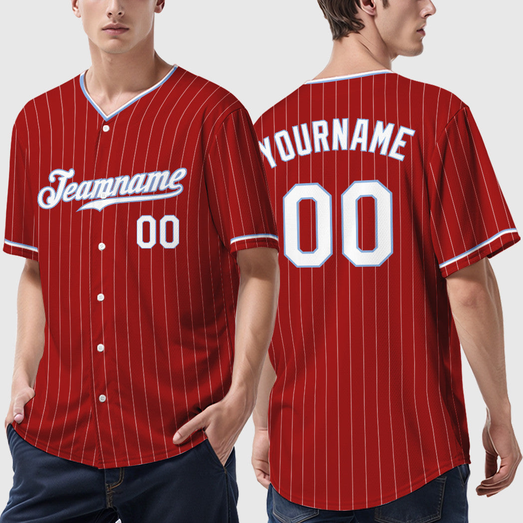 Custom Red White White-Light Blue Pinstripe Baseball Jersey