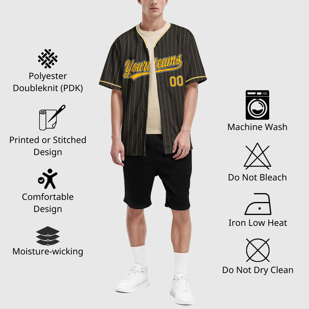 Custom Black Gold Gold-White Pinstripe Baseball Jersey