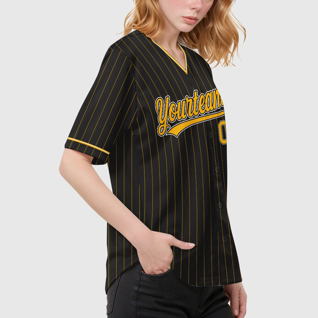 Custom Black Gold Gold-White Pinstripe Baseball Jersey